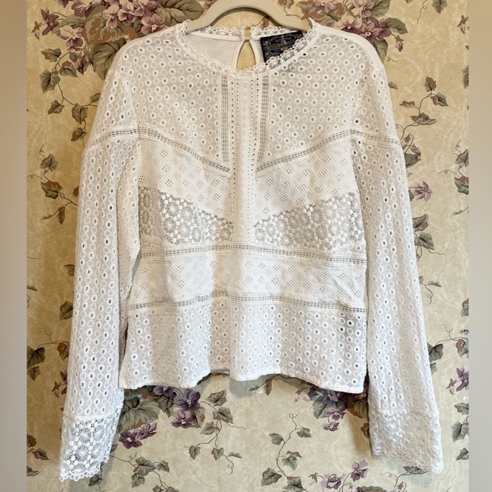 🌼 Anthropologie James Coviello White Eyelet Lace long sleeve Peasant Blouse XL - Picture 3 of 13